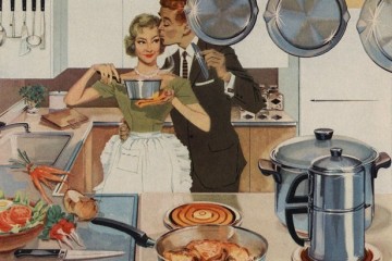 Magazine Illustration of Husband Kissing Wife in Kitchen